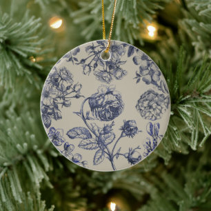 Vintage Blue Toile Botanical Floral Antique Patter Ceramic Ornament