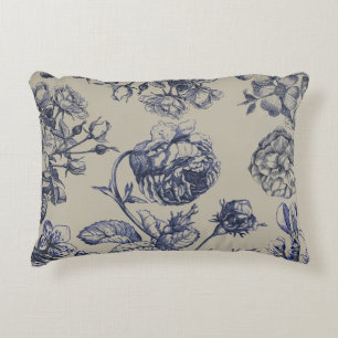 Vintage Blue Toile Botanical Floral Antique Patter Decorative Cushion