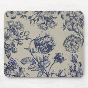 Vintage Blue Toile Botanical Floral Antique Patter Mouse Pad
