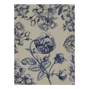 Vintage Blue Toile Botanical Floral Antique Patter Poster