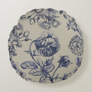 Vintage Blue Toile Botanical Floral Antique Patter Round Cushion