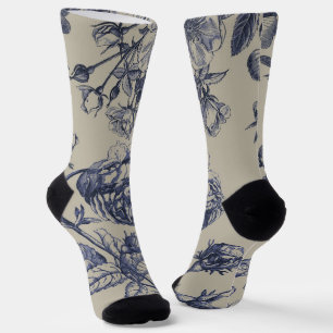 Vintage Blue Toile Botanical Floral Antique Patter Socks