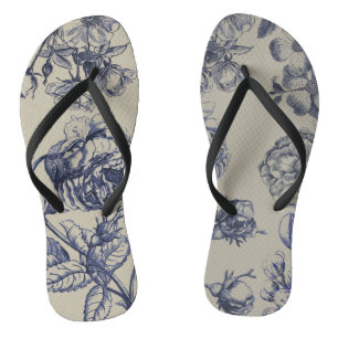 Vintage Blue Toile Botanical Floral Antique Patter Thongs