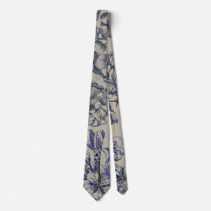 Vintage Blue Toile Botanical Floral Antique Patter Tie