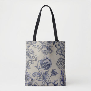 Vintage Blue Toile Botanical Floral Antique Patter Tote Bag