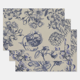 Vintage Blue Toile Botanical Floral Antique Patter Wrapping Paper Sheet