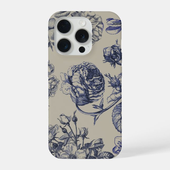 Vintage Blue Toile Botanical Floral Phone Case (Back)