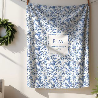 Vintage Blue Toile Custom Name Blanket for Grandma