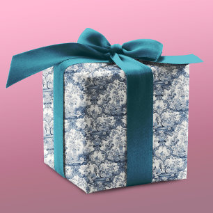 Vintage Blue Toile de Jouy Damask Floral Wrapping Paper
