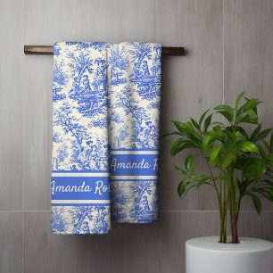 Vintage blue toile de jouy printed bath towel set