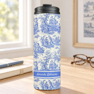 Vintage blue toile de jouy printed thermal tumbler