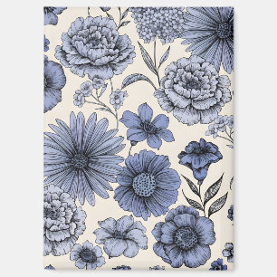 Vintage Blue Toile Floral Botanical Pattern Magnet
