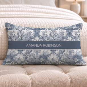 Vintage Blue Toile Floral Damask Monogram Lumbar Cushion