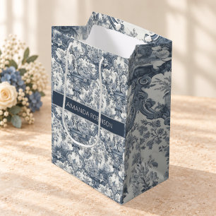 Vintage Blue Toile Floral Damask Monogram Medium Gift Bag