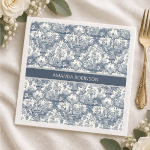 Vintage Blue Toile Floral Damask Monogram Napkin
