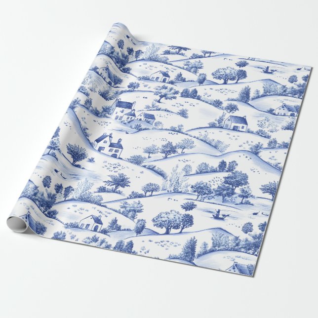 Vintage Blue Toile Landscape (4) Wrapping Paper (Unrolled)