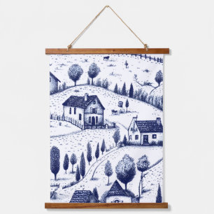 Vintage Blue Toile Landscape (5) Hanging Tapestry