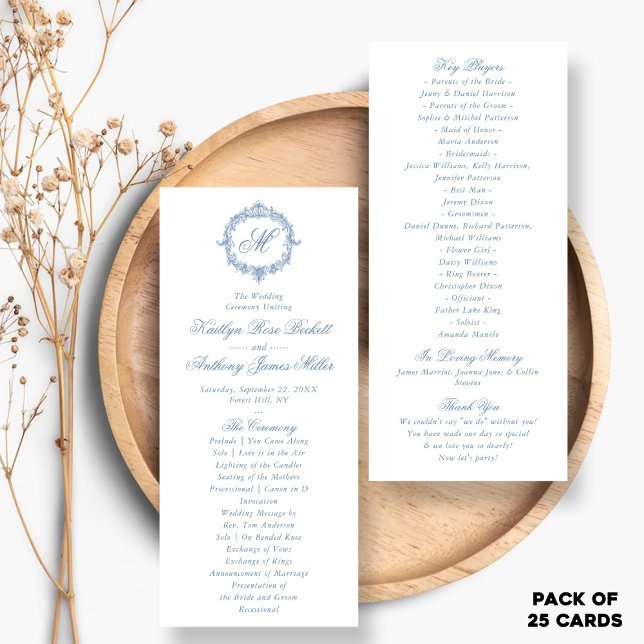 Vintage Blue Toile Monogram Wedding Programs Rack Card (Creator Uploaded)