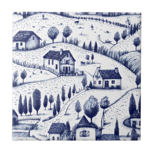 Vintage Blue Toile - Trees Pastoral Architecture Ceramic Tile
