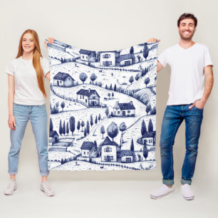 Vintage Blue Toile - Trees Pastoral Architecture Fleece Blanket