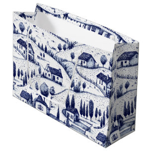 Vintage Blue Toile - Trees Pastoral Architecture Large Gift Bag