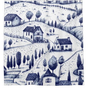 Vintage Blue Toile - Trees Pastoral Architecture Shower Curtain