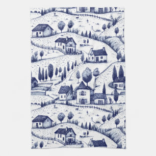 Vintage Blue Toile - Trees Pastoral Architecture Tea Towel