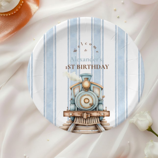 Vintage Blue Train 1st Birthday  Paper Plate (Creator Uploaded)