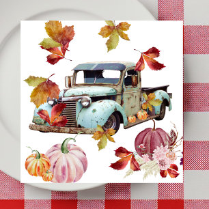 Vintage Blue Truck Autumn Leaves Pumpkins Napkin