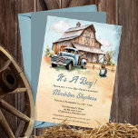 Vintage Blue Truck | Barn Boy Farming Baby Shower Invitation<br><div class="desc">Rustic country barn and pickup truck boy Baby Shower design.</div>