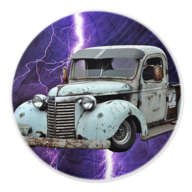 Vintage Blue Truck Ceramic Knob (Front)