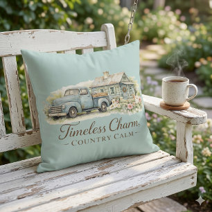 Vintage Blue Truck Cottage Wildflower Calm  Cushion