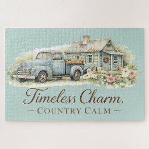 Vintage Blue Truck Cottage Wildflower Calm Jigsaw Puzzle