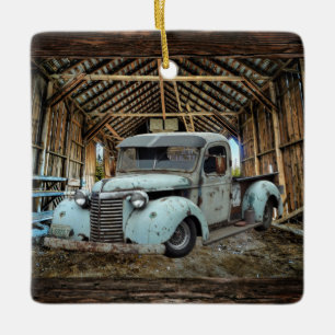 Vintage Blue Truck Rustic Barn Ceramic Ornament