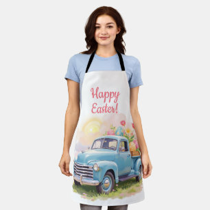Vintage Blue Truck with Easter Eggs & Tulips Apron