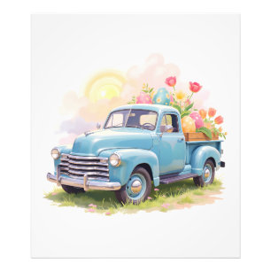 Vintage Blue Truck with Easter Eggs & Tulips Photo Print