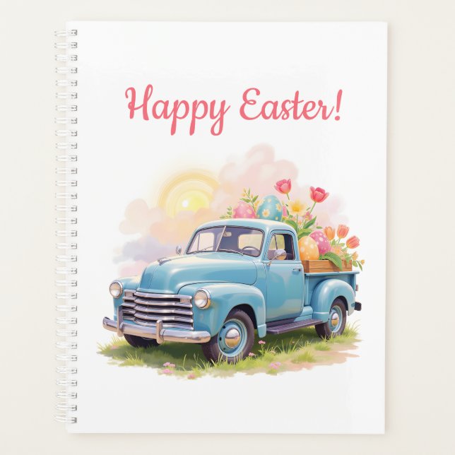 Vintage Blue Truck with Easter Eggs & Tulips Planner (Front)