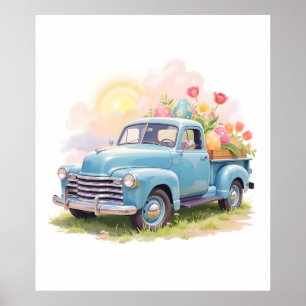 Vintage Blue Truck with Easter Eggs & Tulips Poster