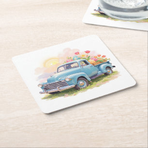 Vintage Blue Truck with Easter Eggs & Tulips Square Paper Coaster