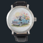 Vintage Blue Truck with Easter Eggs & Tulips Watch<br><div class="desc">Bring the charm of a rustic spring to your home with this adorable Vintage Blue Truck illustration. 🚙🌷 Featuring a classic retro pickup truck overflowing with giant colourful Easter eggs and blooming pink and yellow tulips, this design captures the joy of the season. The soft pastel colours and sunny background...</div>