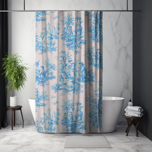 Vintage Blue Turquoise Floral Toile de Jouy Shower Curtain