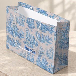 Vintage Blue Turquoise Floral Toile Monogram Large Gift Bag