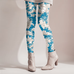 Vintage blue turquoise toile de jouy monogram capri leggings