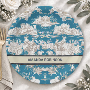 Vintage blue turquoise toile de jouy monogram paper plate