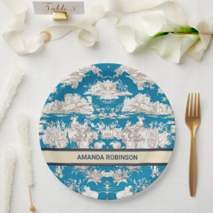 Vintage blue turquoise toile de jouy monogram paper plate