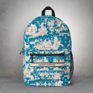 Vintage Blue Turquoise Toile De Jouy Monogram Printed Backpack