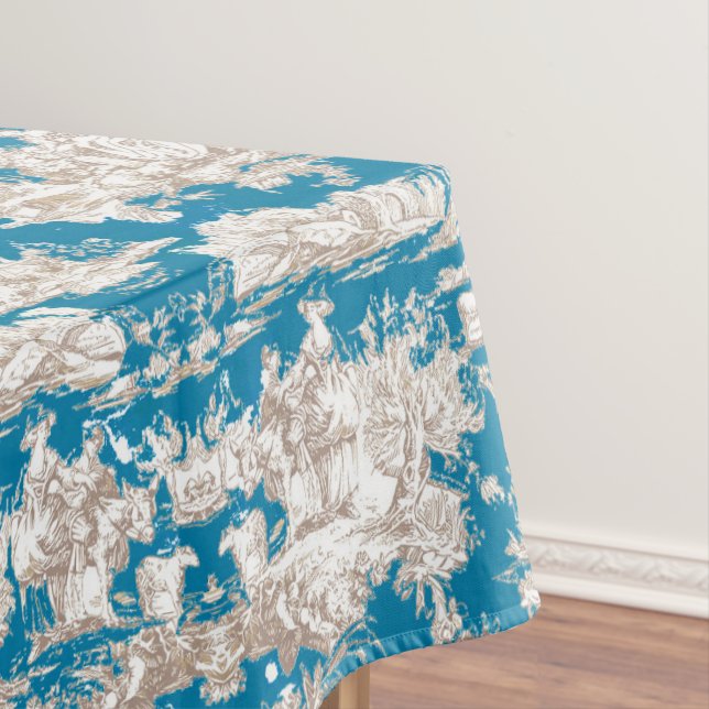 Vintage blue turquoise toile de jouy monogram tablecloth (In Situ)