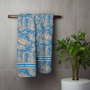 Vintage blue turquoise toile de jouy printed bath towel set