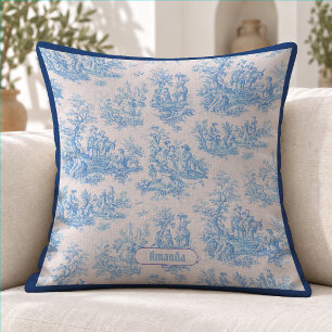 Vintage Blue Turquoise Toile Floral Monogram Cushion