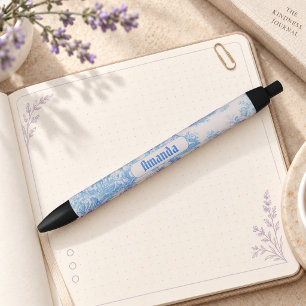 Vintage Blue Turquoise Toile Jouy Monogram Black Ink Pen